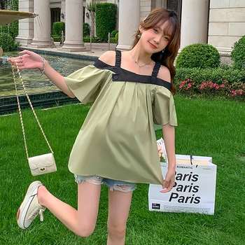 Korėjos Stiliaus Shoulderless Nėščia Moteris Marškiniai Plius Dydžio Motinystės Palaidinės Prarasti Madingų Nėštumo Drabužių Viršų Tees Žalios Spalvos