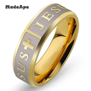 MadApe Klasikinis Jėzus Žiedas Iš Nerūdijančio Plieno Kryžius Aukso Spalvos Žiedas Moterims Vestuvių Žiedai Womne Vyrų Malda Žiedas