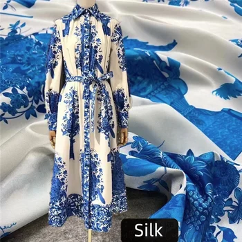 Prekės Šilko Elastinga Ruoželinio Audinio su Balta Mėlyna spausdintą Modelio Mulberry Šilko Vasaros Suknelė Aukštos Kokybės Drabužių Audinio 